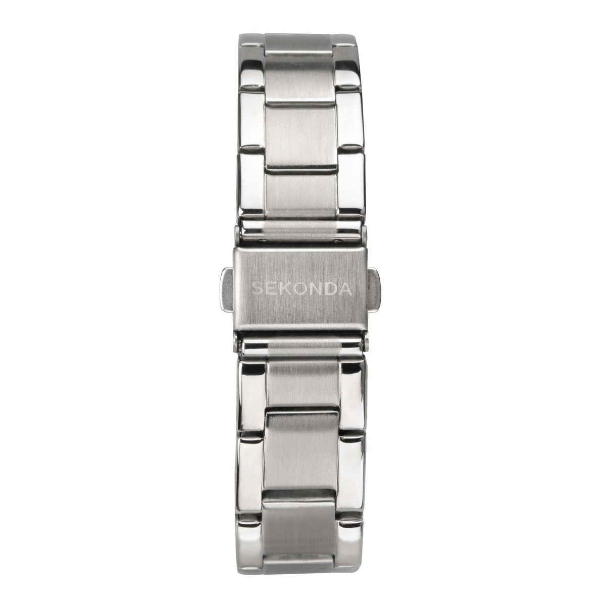 Full bracelet shot of silver stainless steel watch with rectangular clasp plate