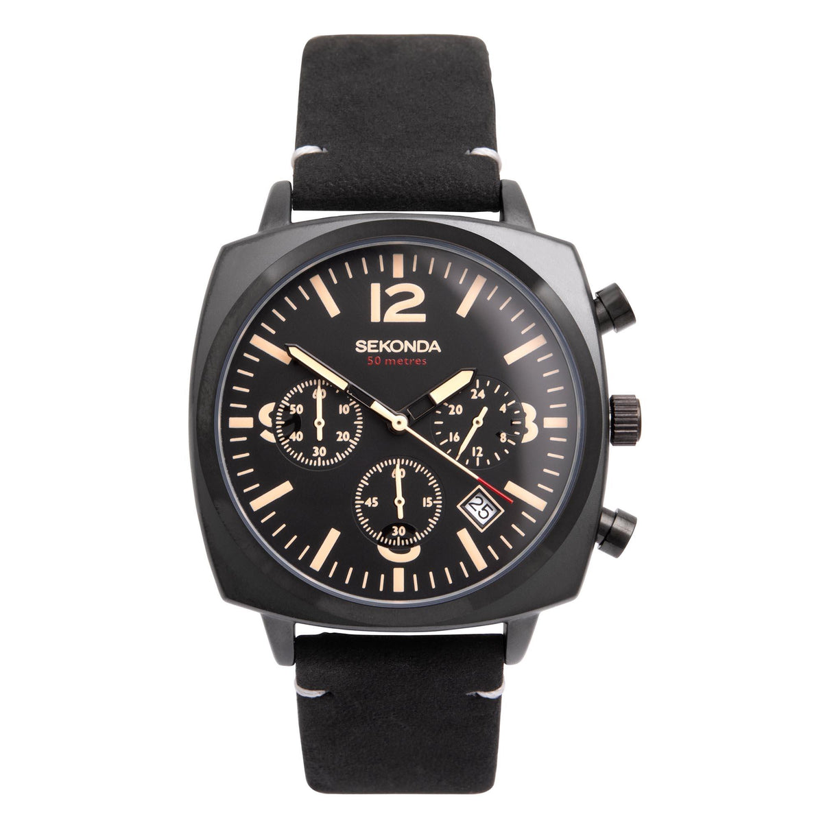 Men's front view watch with black dial, gold-tone numerals, and black strap