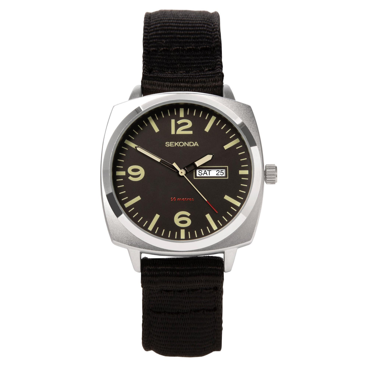Men's quartz watch with black dial, silver case, and black fabric strap