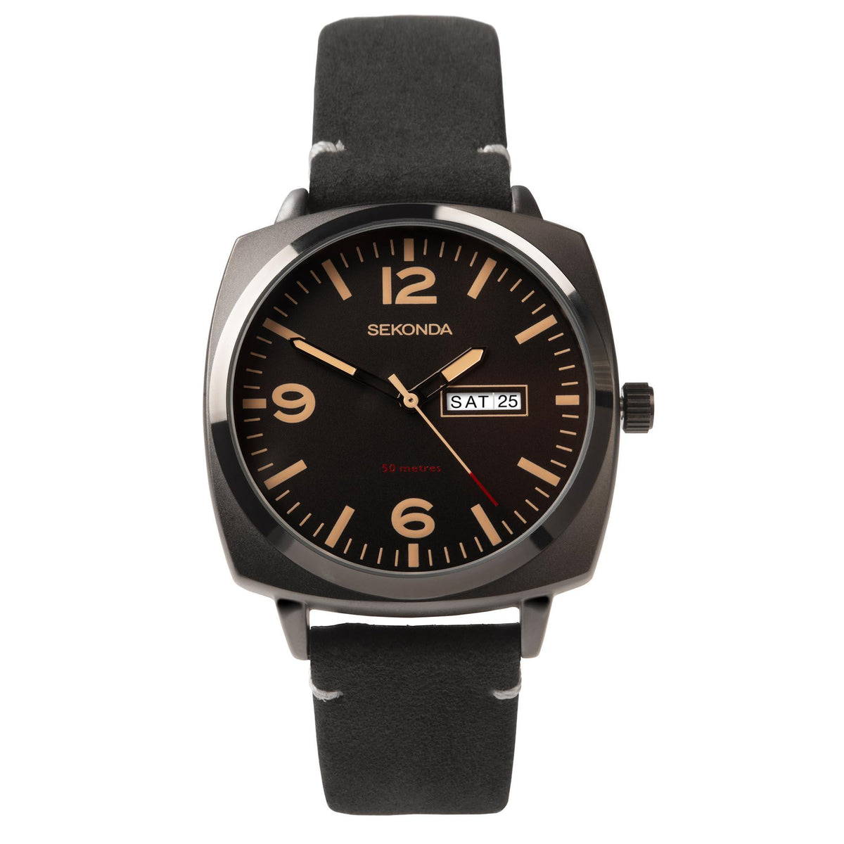 Men's black dial quartz watch with black strap, silver bezel, SAT 25 window