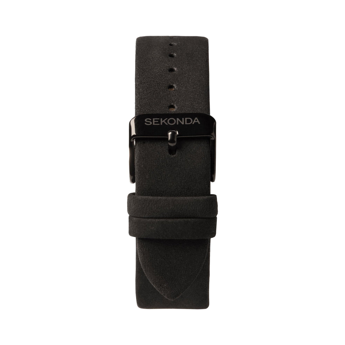 Men's black strap watch reverse view with pin buckle and keeper loop