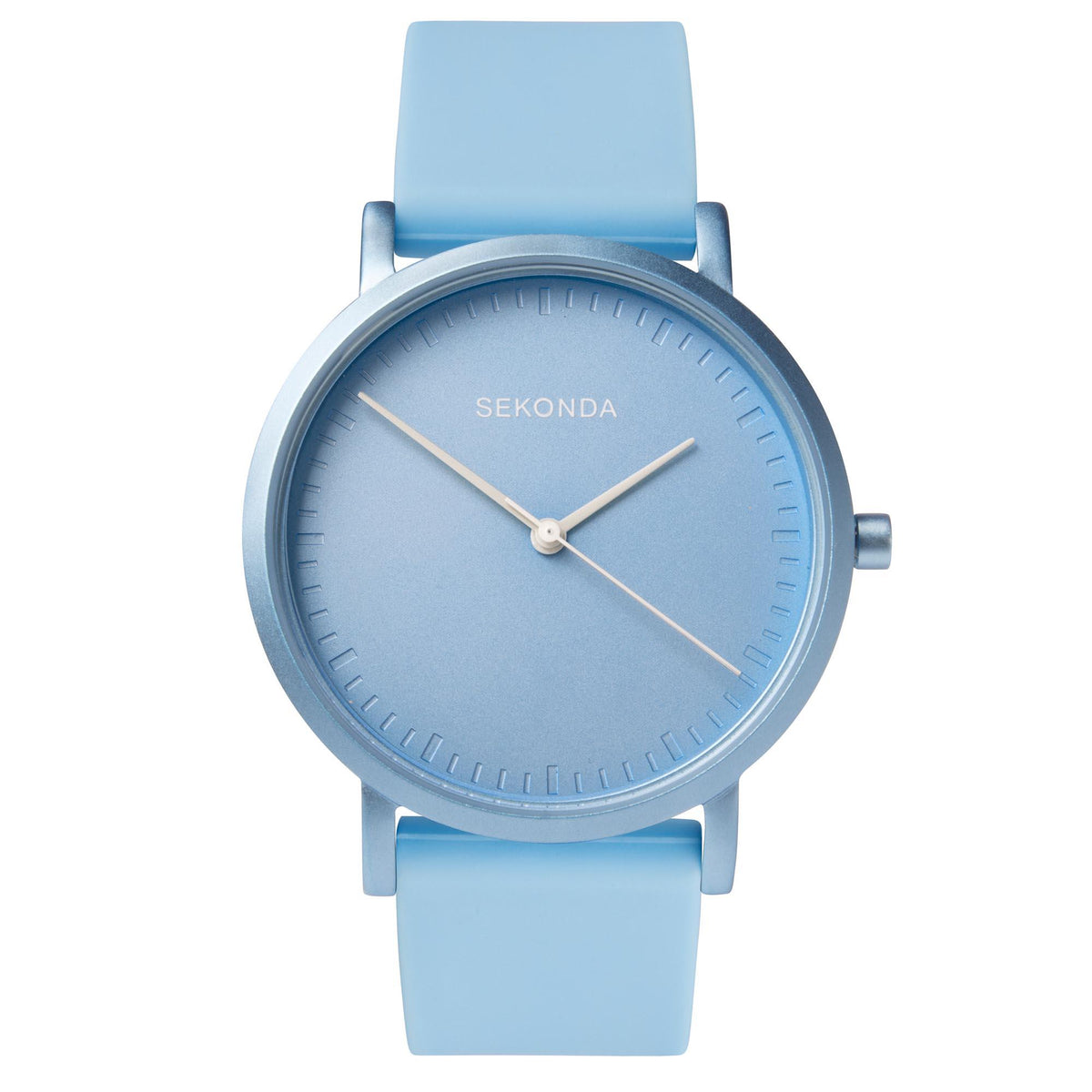 Light blue ladies quartz watch with round dial, stick markers, and light blue silicone strap.