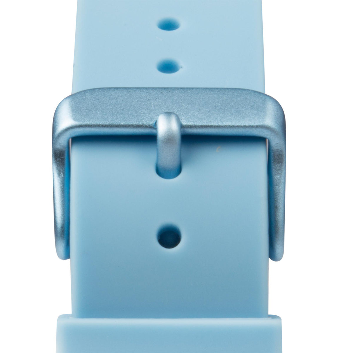 Light blue ladies quartz watch close-up of strap and bezel with round case.