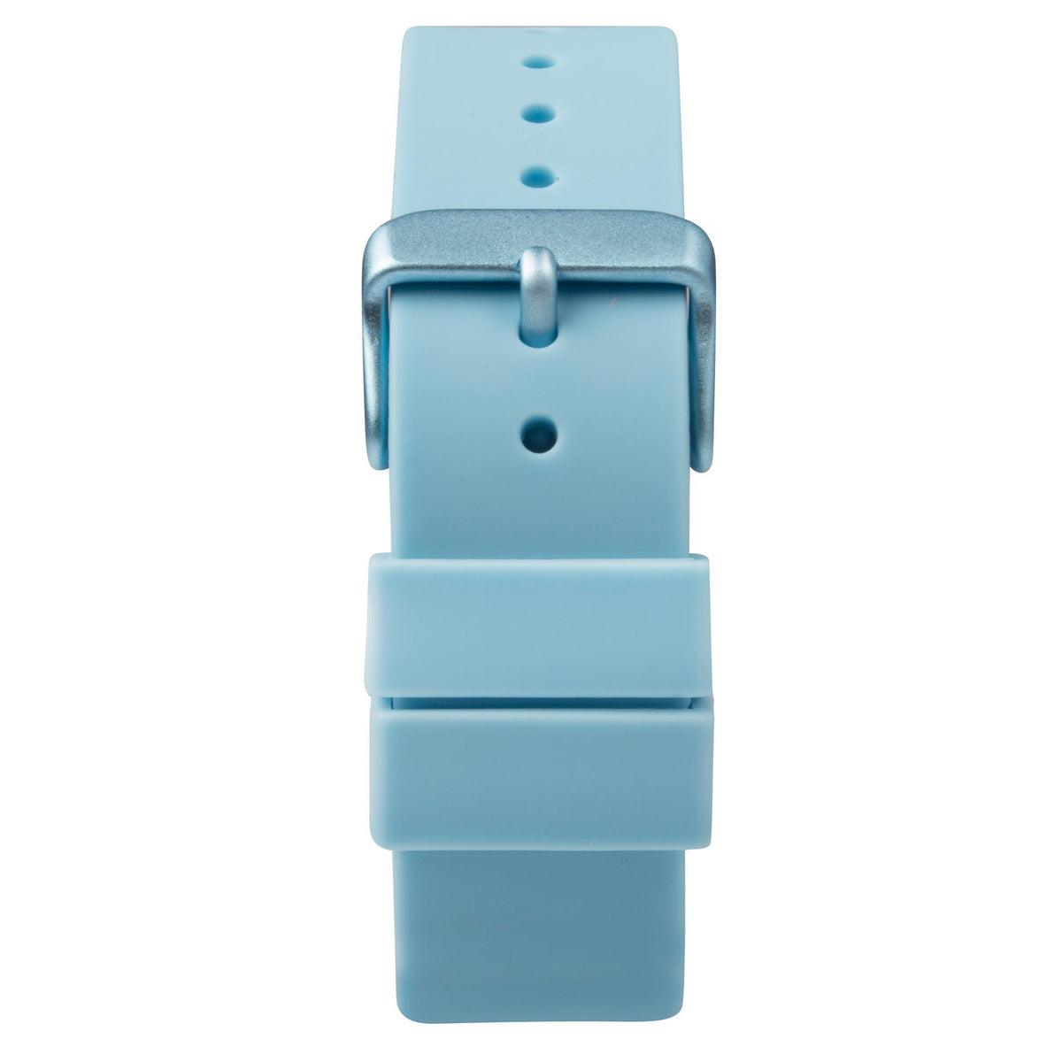 Light blue silicone watch strap with buckle and pin, front view