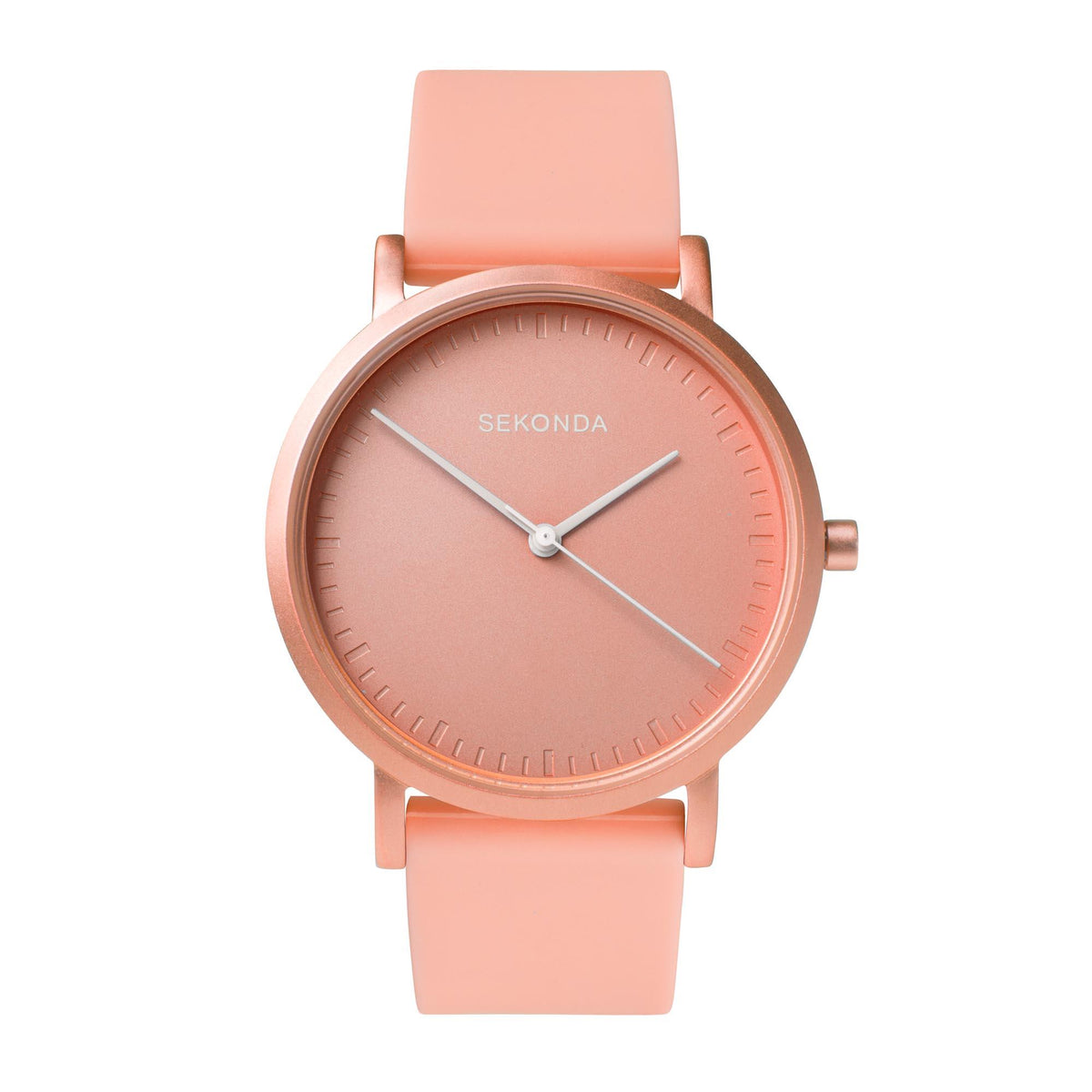 Pink dial watch with rose-gold tone round bezel and stick hour markers on strap