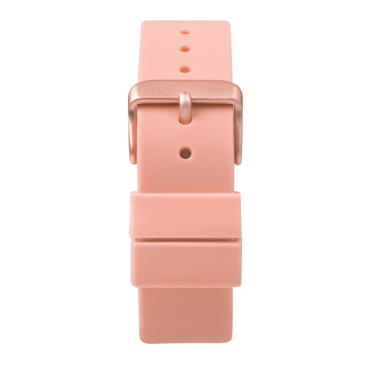 Pink silicone strap back view with metal buckle and two adjustment holes