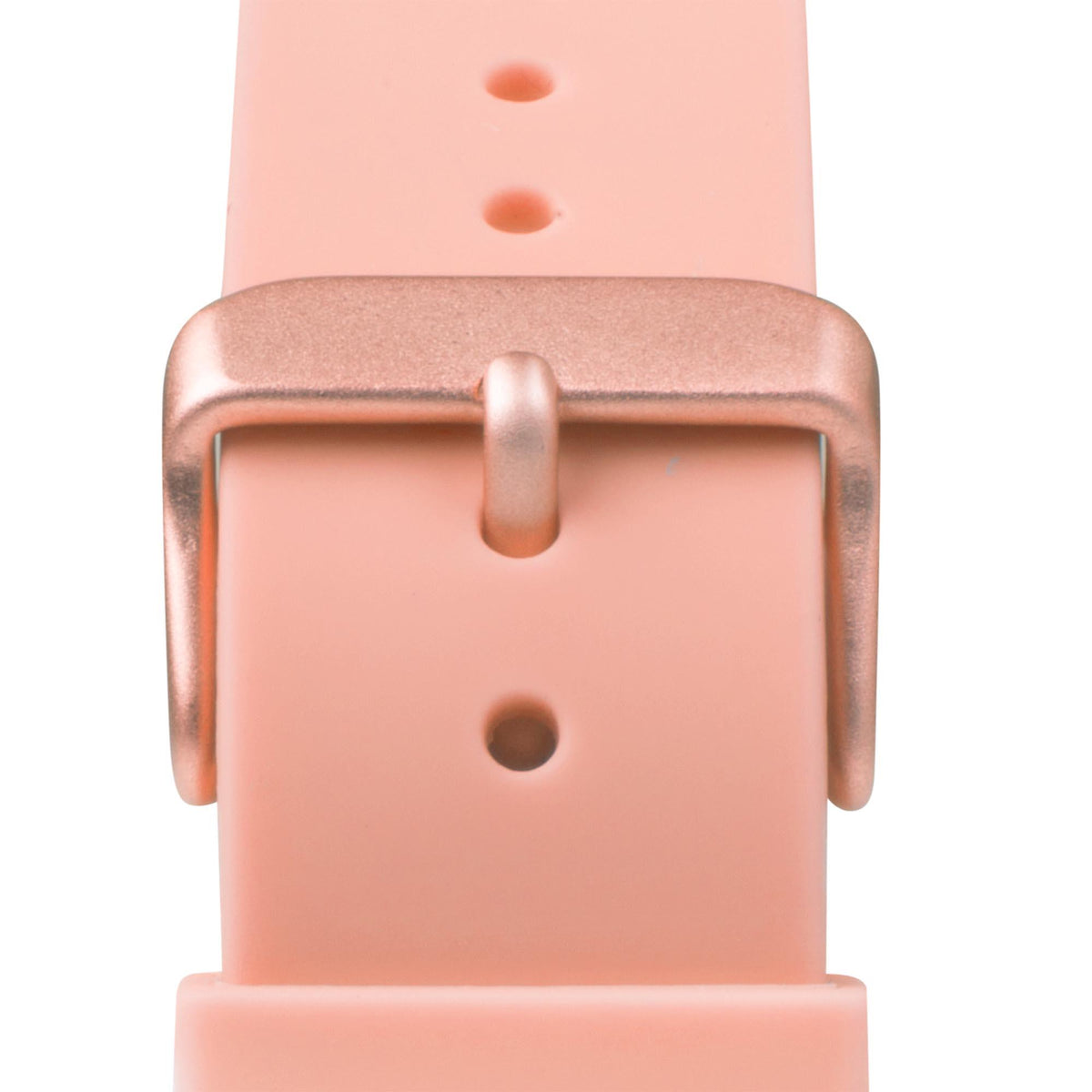 Close-up of pink silicone watch strap buckle and adjustment holes