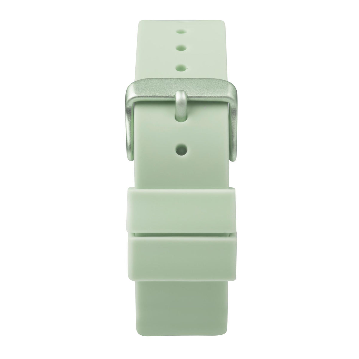 Light green silicone watch strap back view with metal posts and pin holes