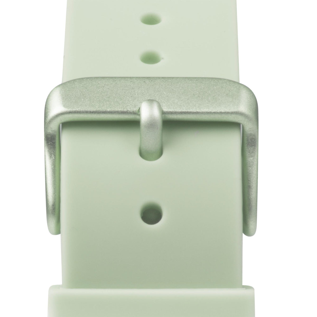 Light green rubber watch strap with buckle holes and clasp