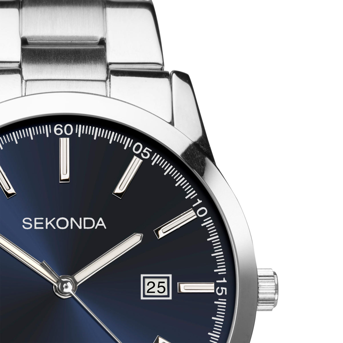 Men's analog wristwatch with blue dial, stainless bracelet, baton markers, date window
