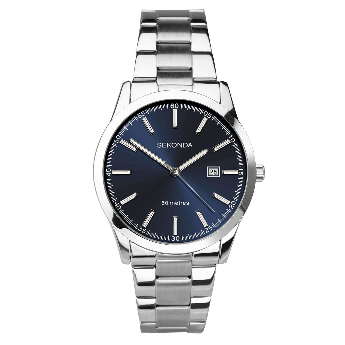 Men's stainless steel quartz watch, dark blue dial and silver metal bracelet
