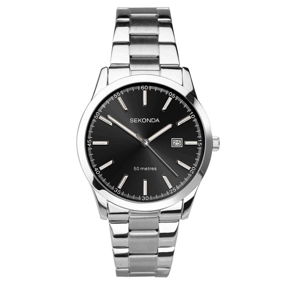 Men's stainless steel quartz watch with black dial and metal bracelet, round case