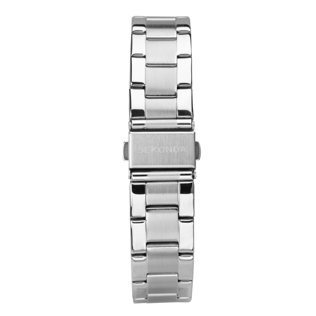 Men's stainless bracelet watch, rear view with centered clasp