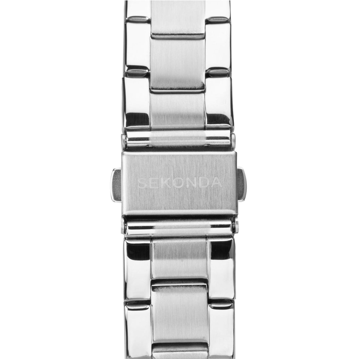 Men's stainless steel bracelet watch with SEKONDA clasp engraving