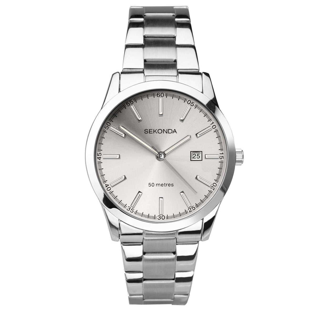 Round men's stainless watch with silver dial, baton hands, and date window