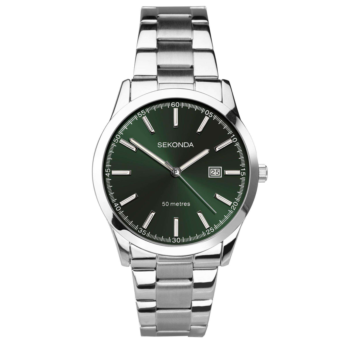 Men's Sekonda quartz analog watch with green dial, date window, stainless steel bracelet