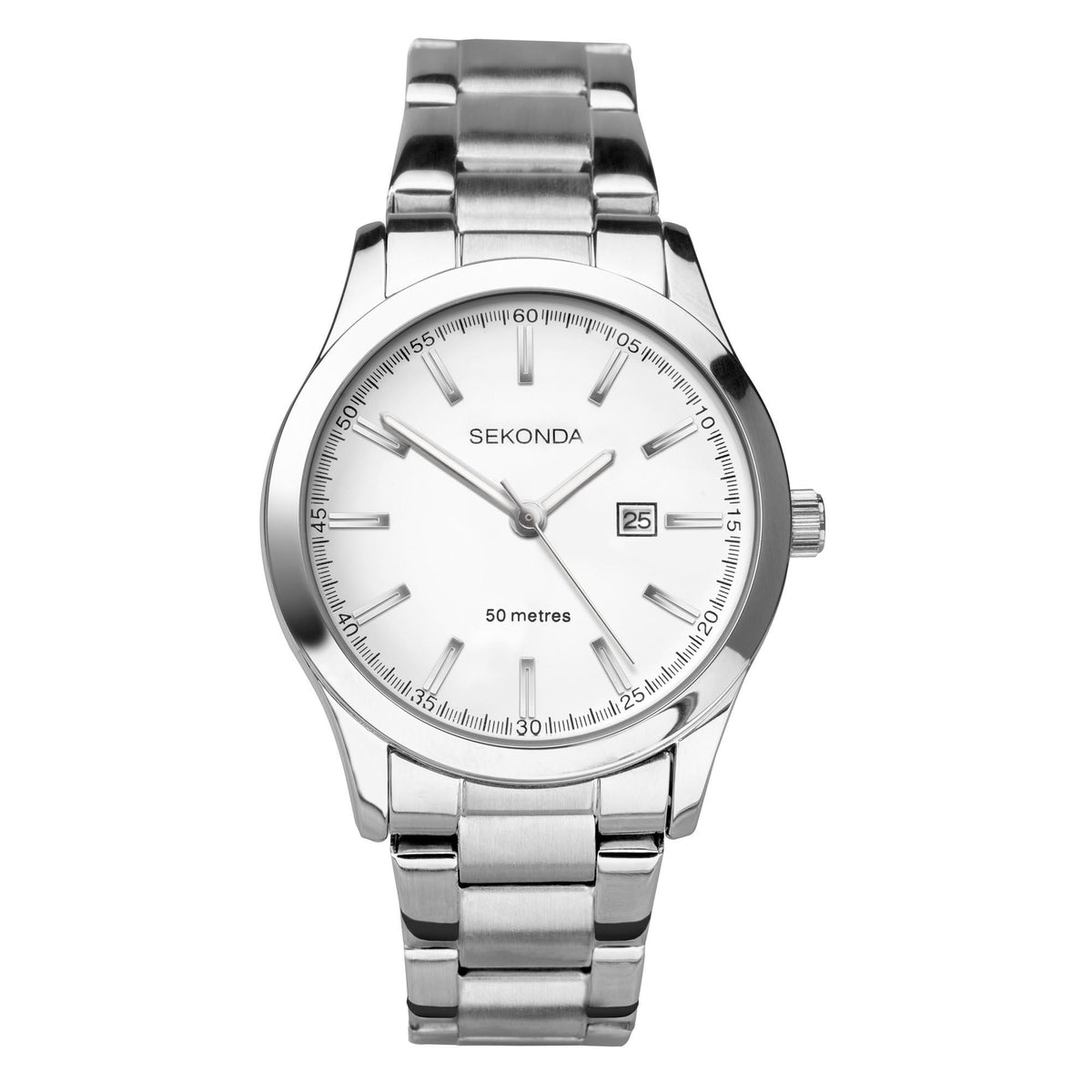 Ladies stainless steel wrist watch with white dial, baton hands, date window at 25