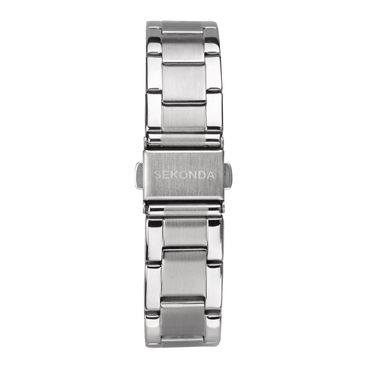 Ladies stainless steel bracelet watch, angled side view of metal clasp and case