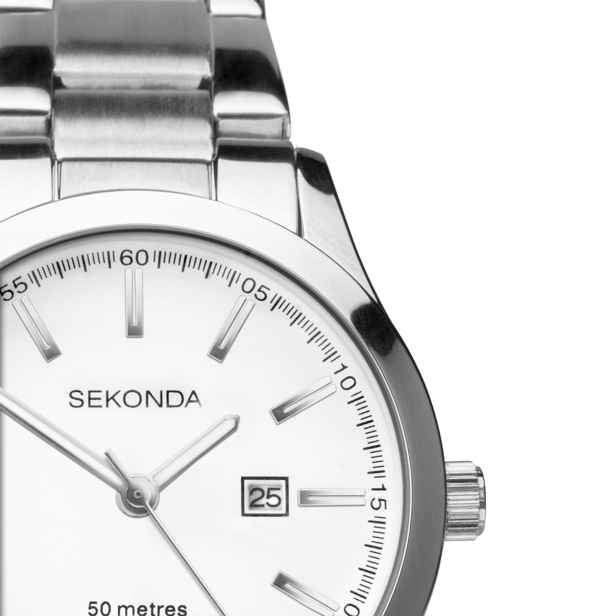 Silver-tone watch with white dial, baton markers, date window, and minute track