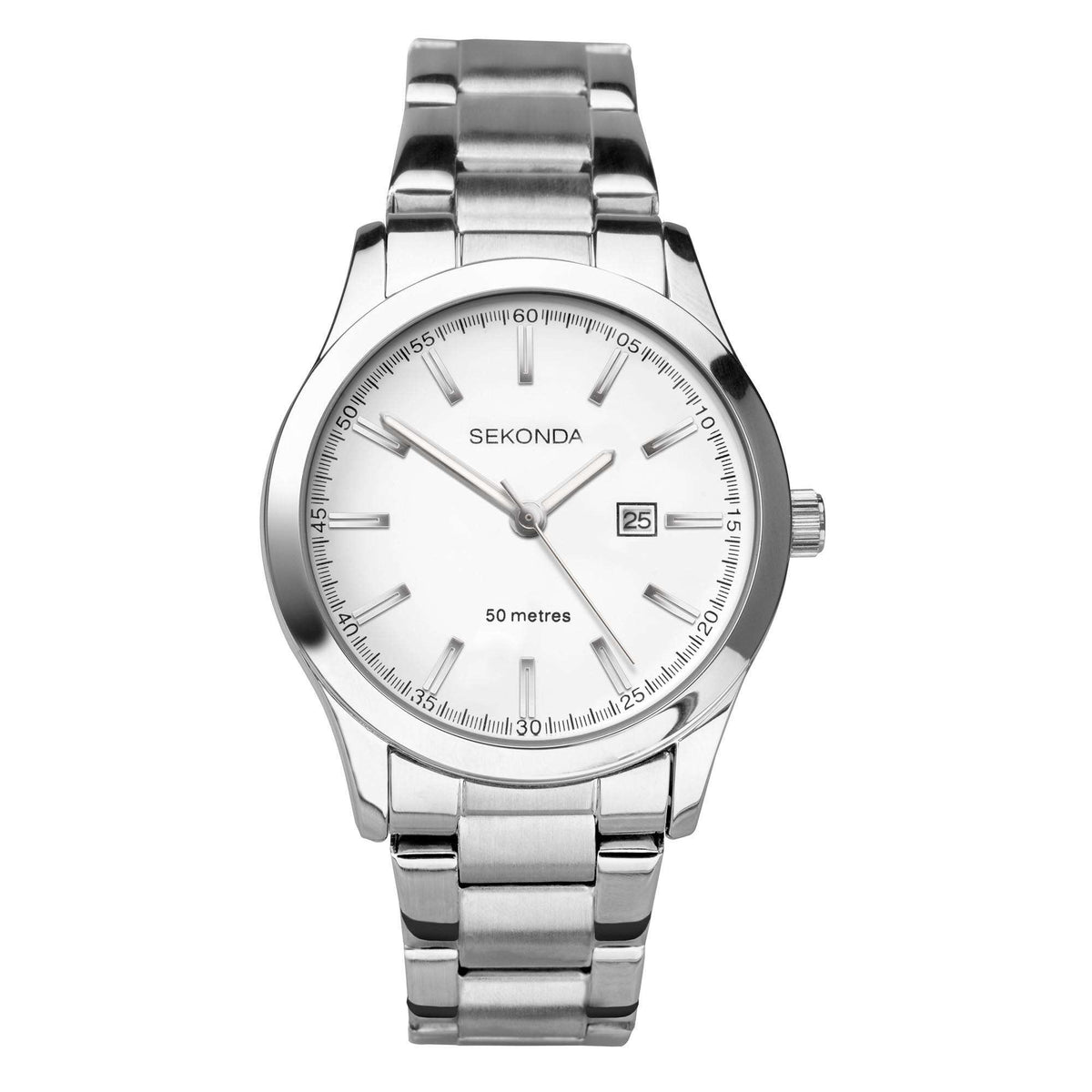 Ladies stainless steel bracelet watch front view with white dial and date window at 25