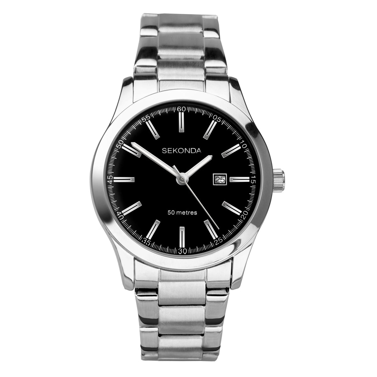 Front view ladies stainless steel bracelet watch with black dial and date window 25.