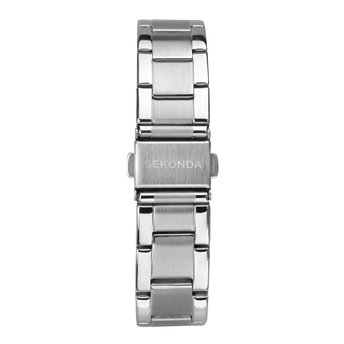 Ladies stainless steel bracelet watch rear view with clasp and Sekonda branding.