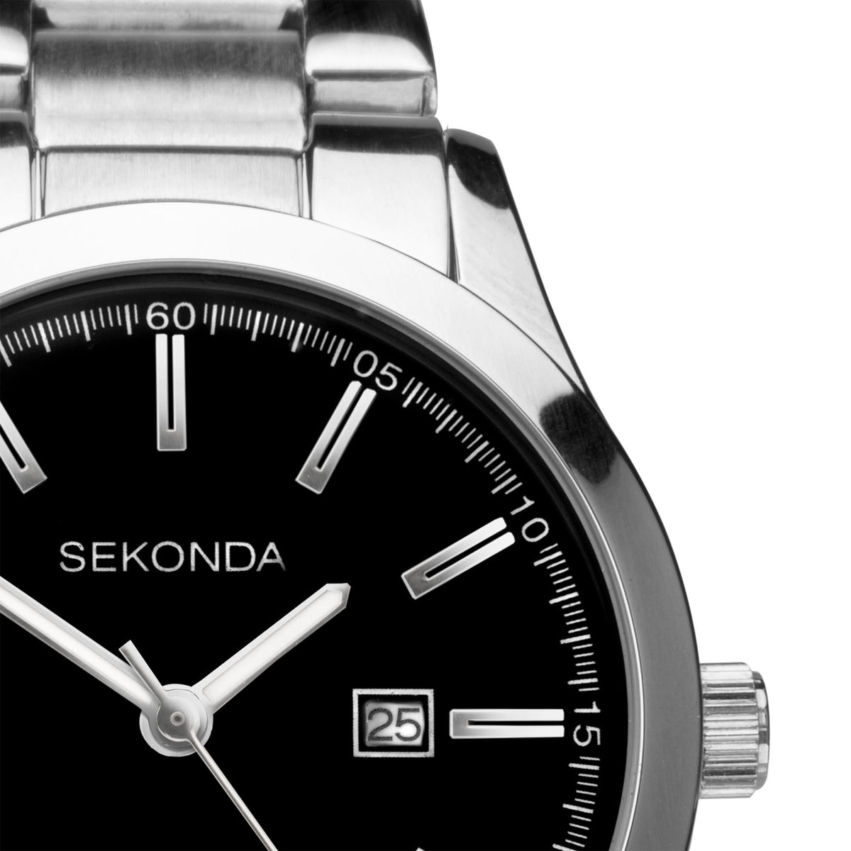 Sekonda ladies quartz watch with black dial, silver markers and date window showing 25