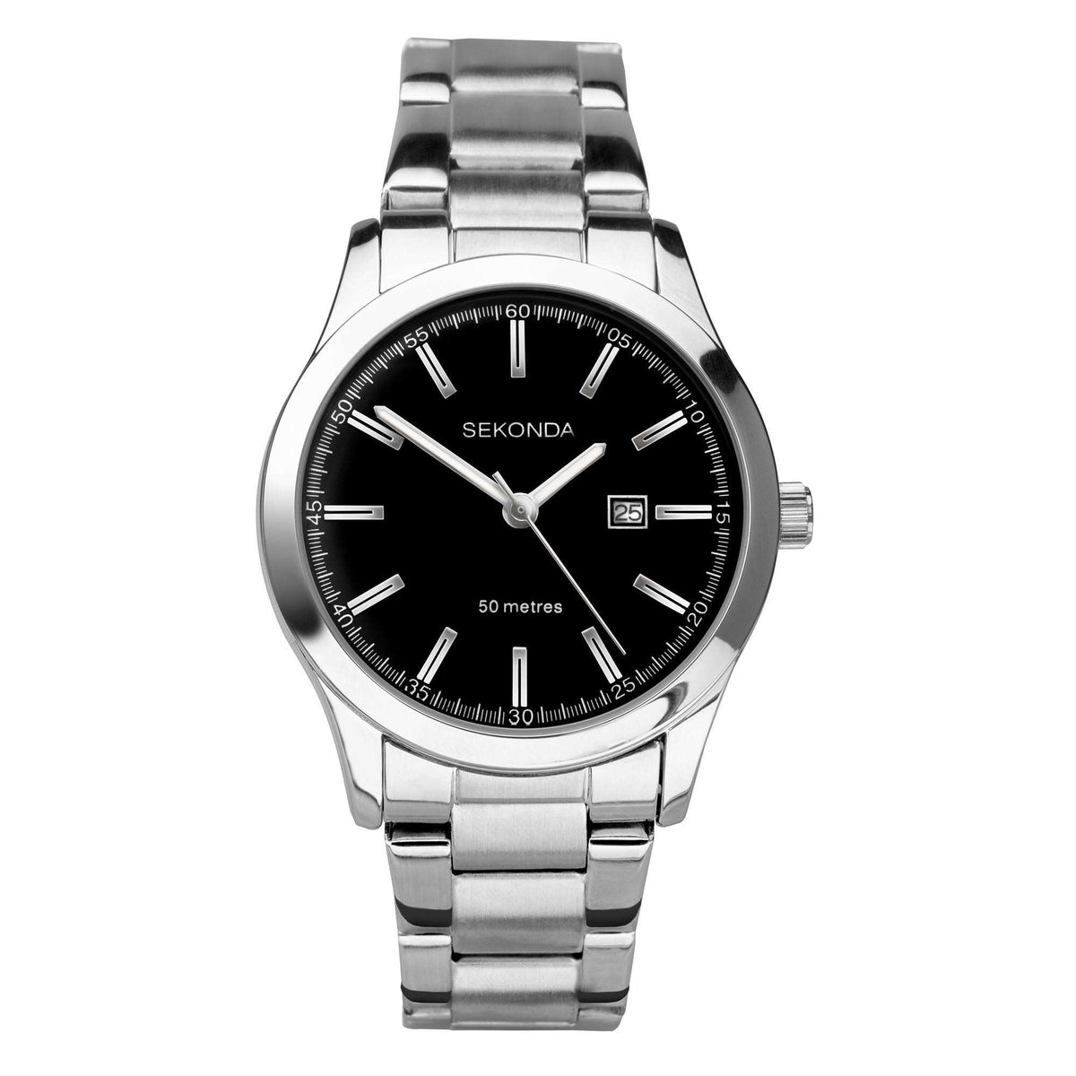 Ladies stainless steel bracelet watch with black dial, silver markers, and date window 25.