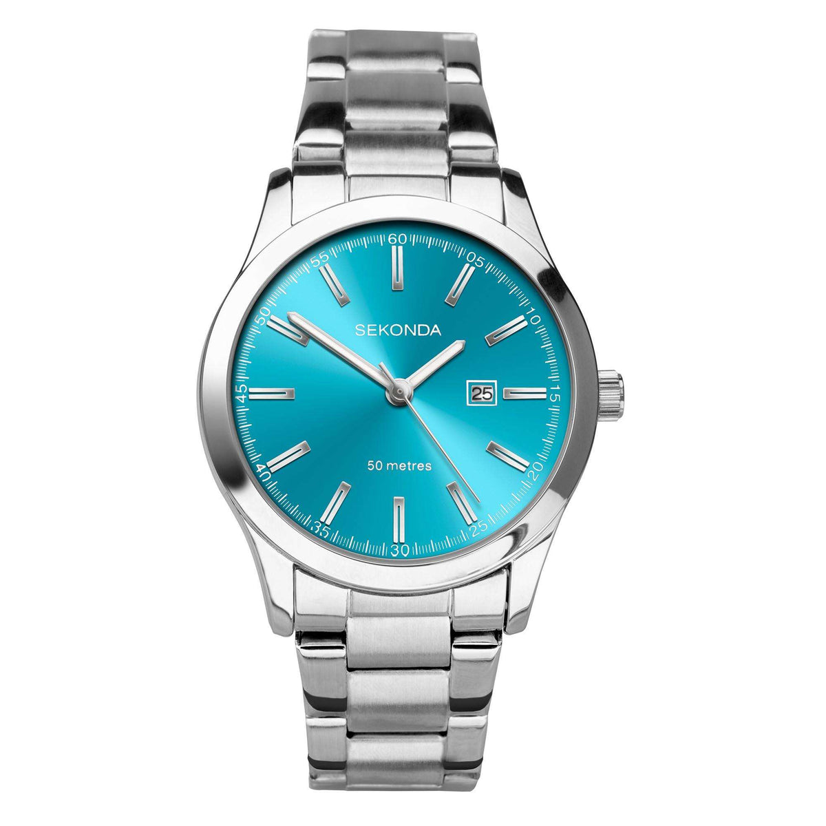 Stainless steel ladies watch with turquoise dial, baton hands, and 25 date
