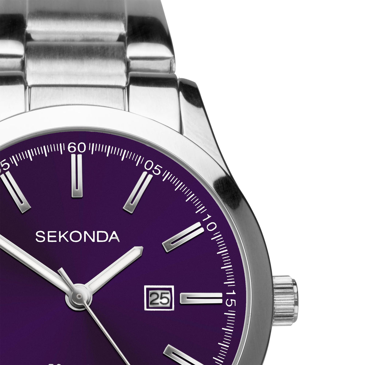 Stainless steel watch face close-up with purple-navy dial, silver hands and date window