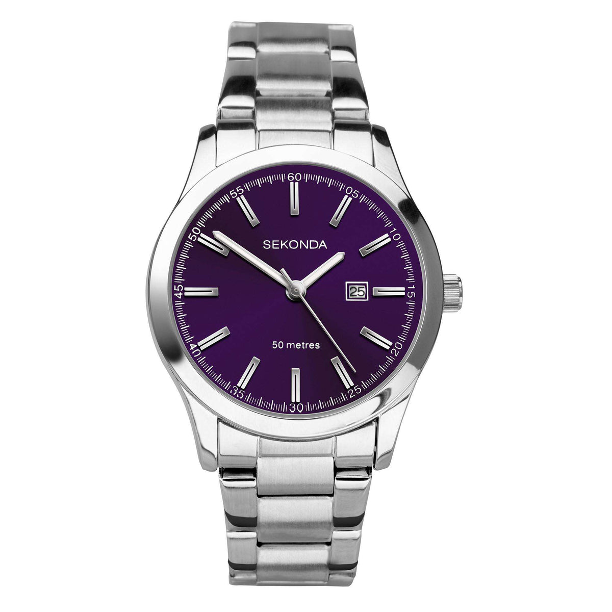 Ladies stainless steel bracelet watch, purple-navy dial with silver hands and hour markers