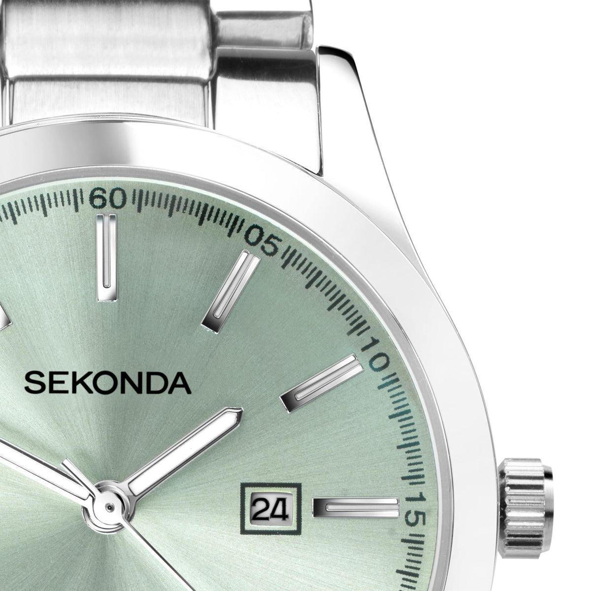 Green dial watch with silver hands, hour markers, and date window