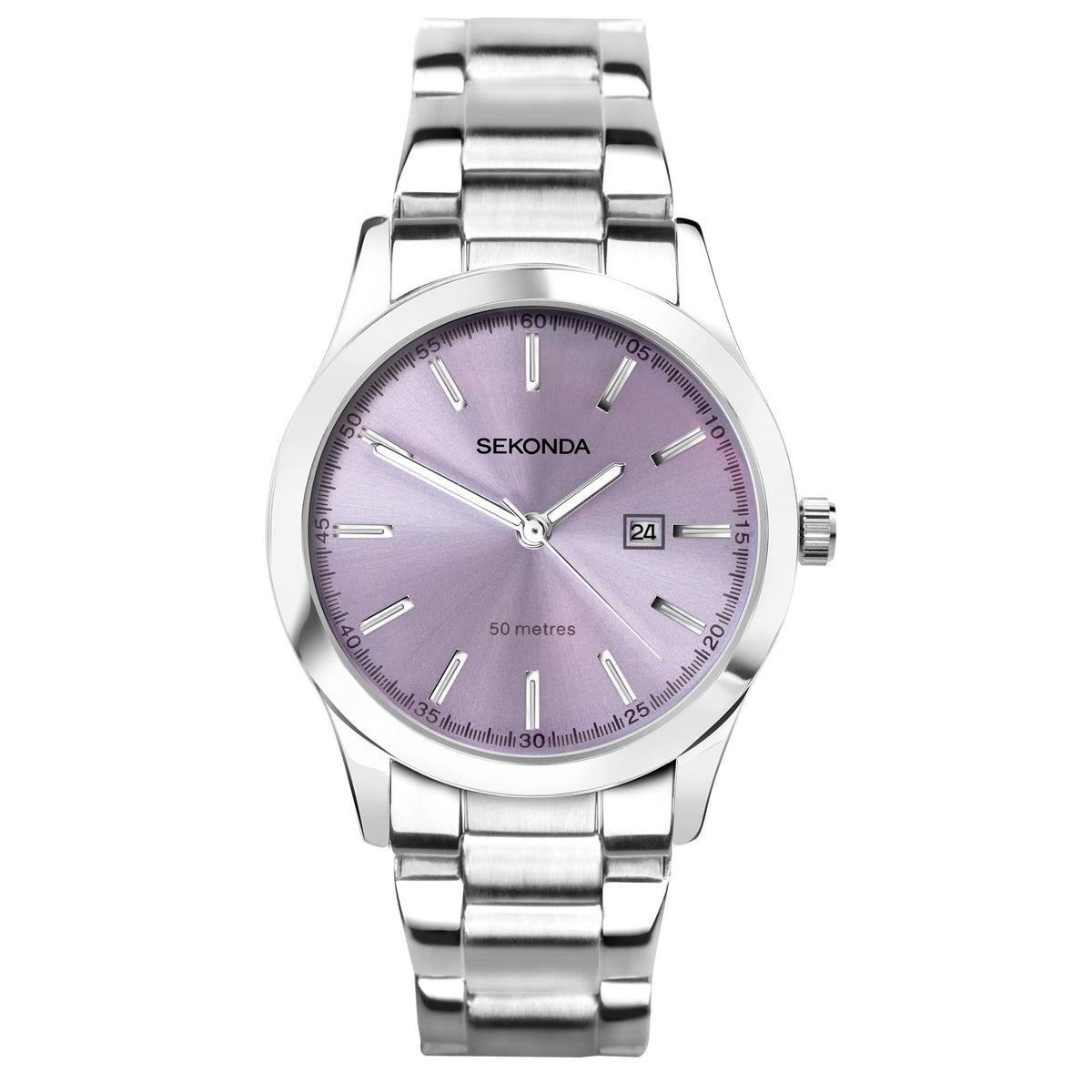 Sekonda ladies stainless steel bracelet watch, purple dial with baton markers and date
