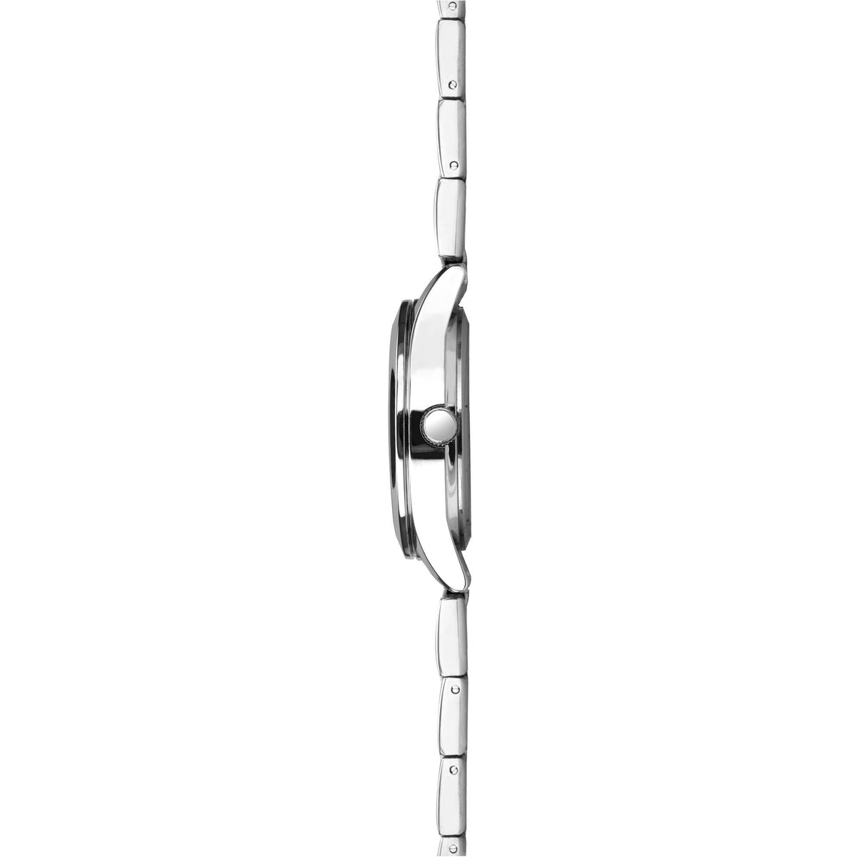 Stainless steel bracelet quartz watch with round case and crown, side view