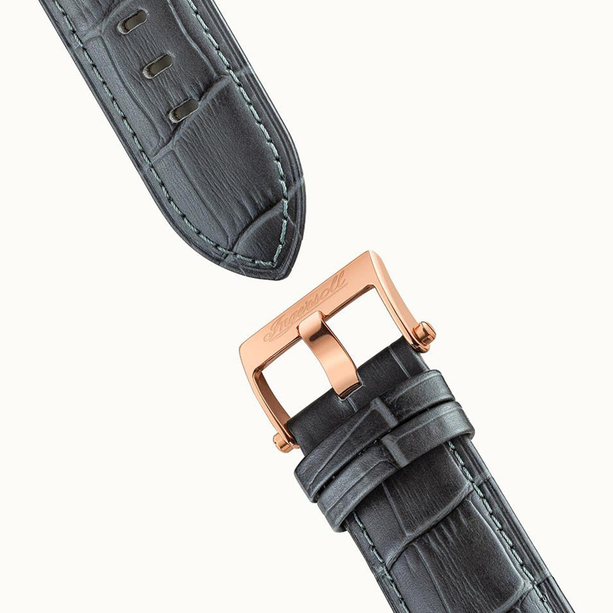 Men's automatic watch with black leather strap and rose-gold buckle detail