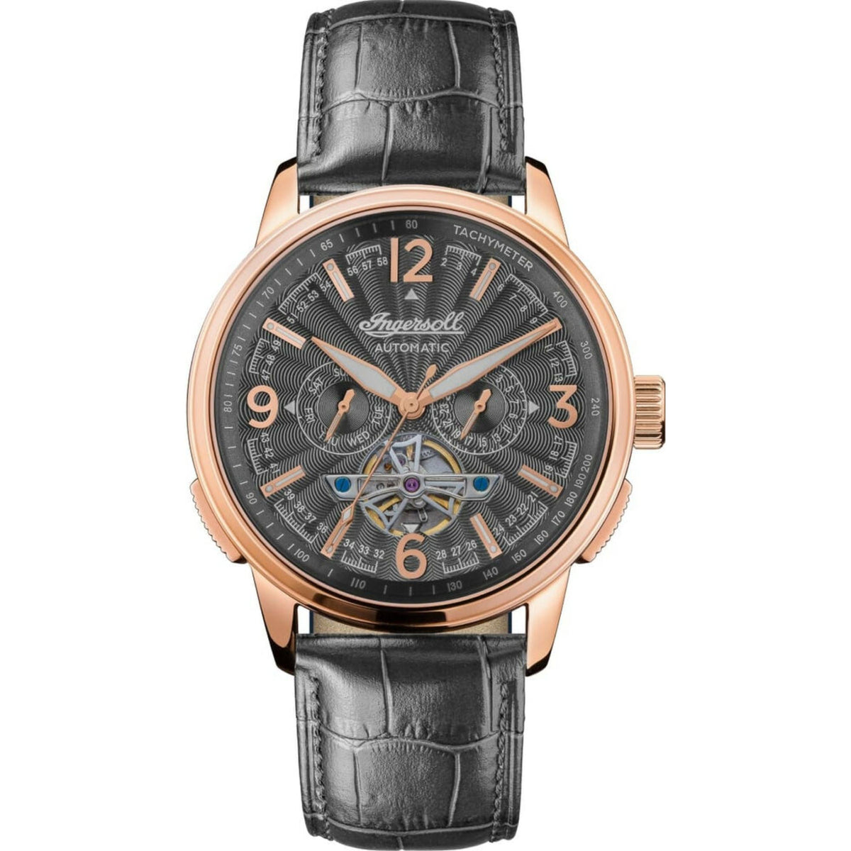 Ingersoll men’s automatic watch front view with black dial, rose-gold case, and black leather strap.