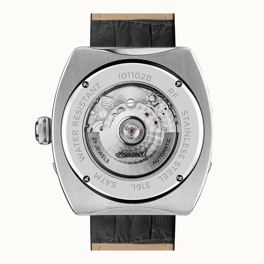 Ingersoll automatic men's watch with black leather strap, open case showing silver movement