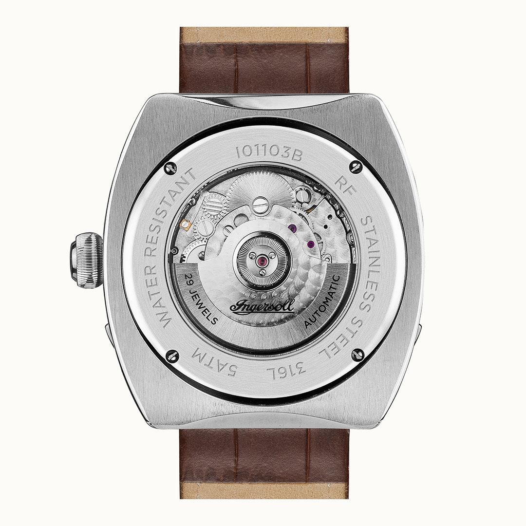 Men's automatic watch back view with engraved markings and brown leather strap