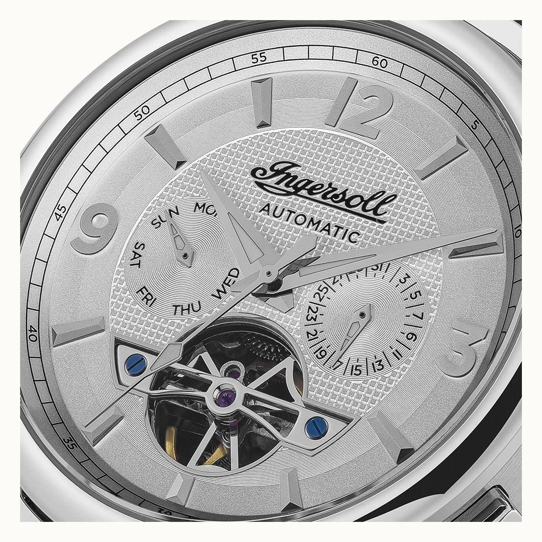 Automatic men's watch dial with white face, visible mechanics and Ingersoll logo