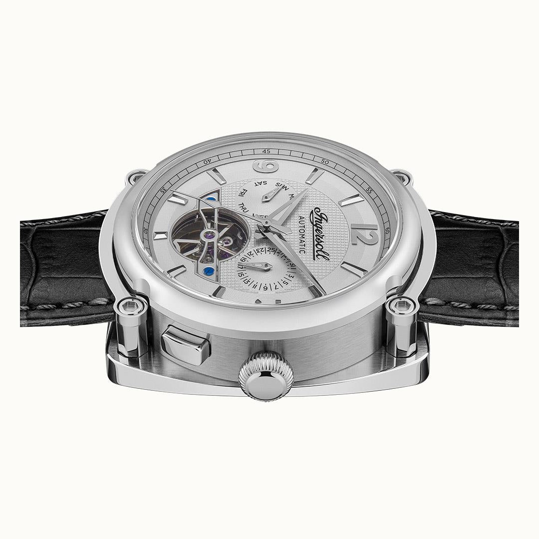 Men's automatic watch with silver case and white dial, black leather strap
