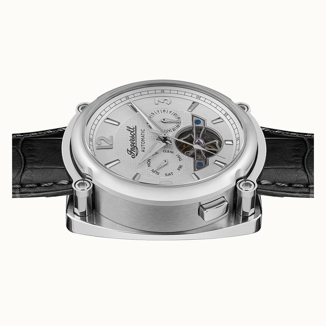 Men's automatic watch, silver case with white dial and black leather strap