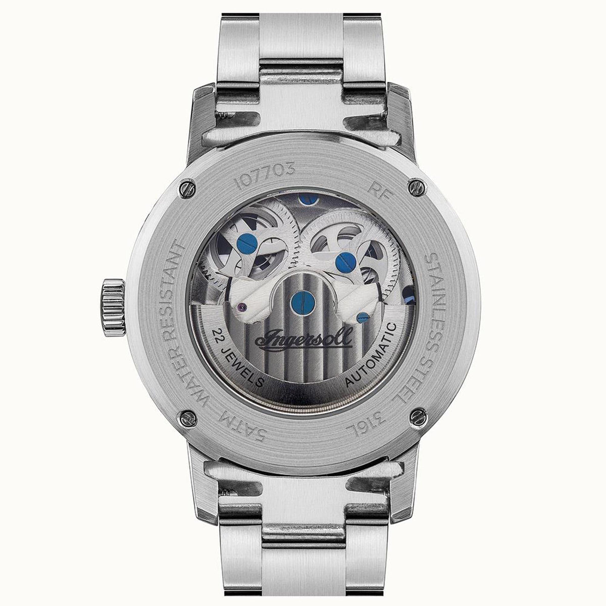 Stainless steel automatic watch caseback showing engraved details