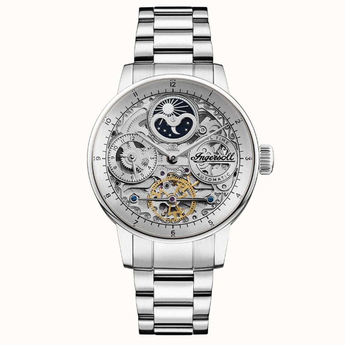 Men's automatic watch with blue patterned dial and stainless steel bracelet