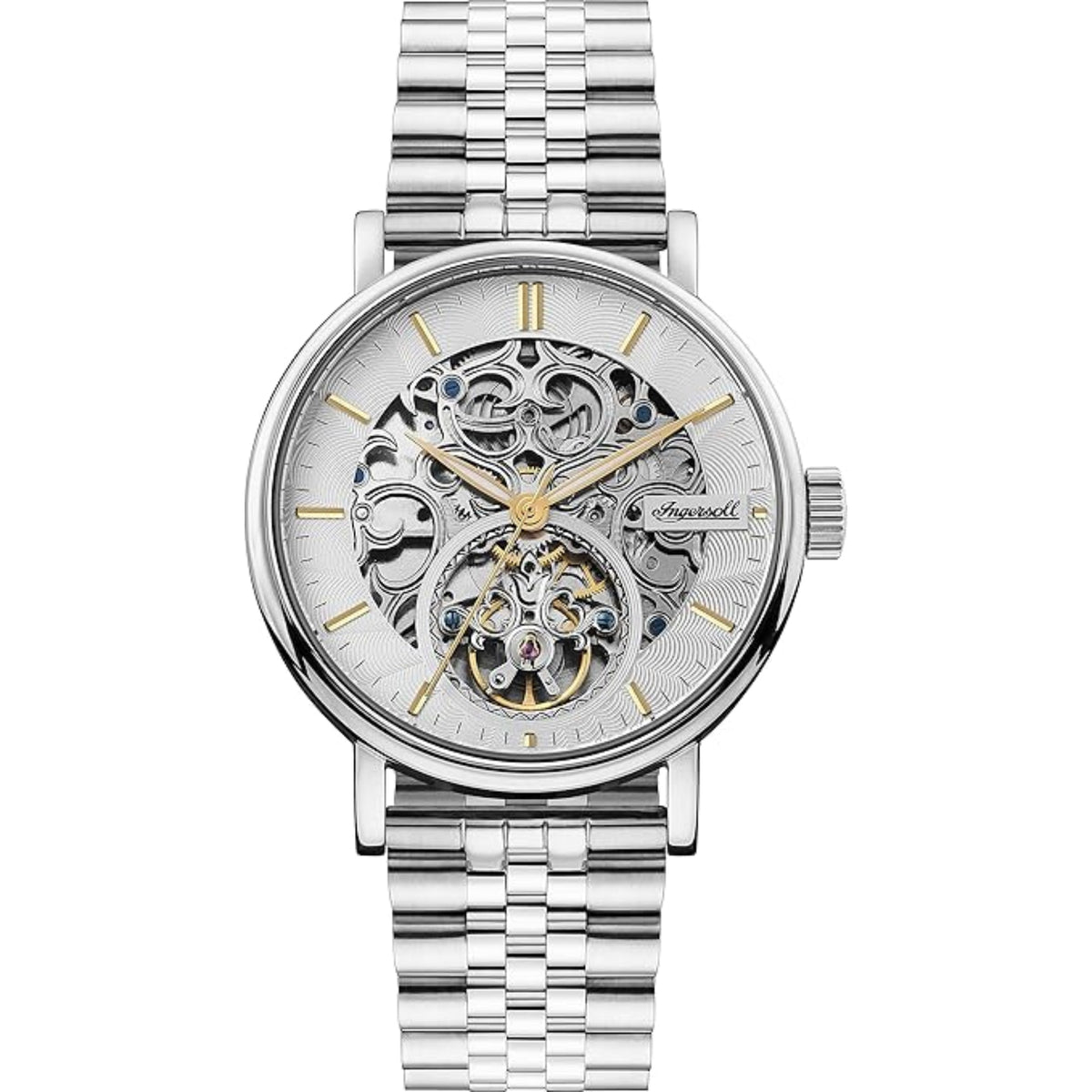 Automatic skeleton men's watch with silver dial, exposed gears, and stainless steel bracelet