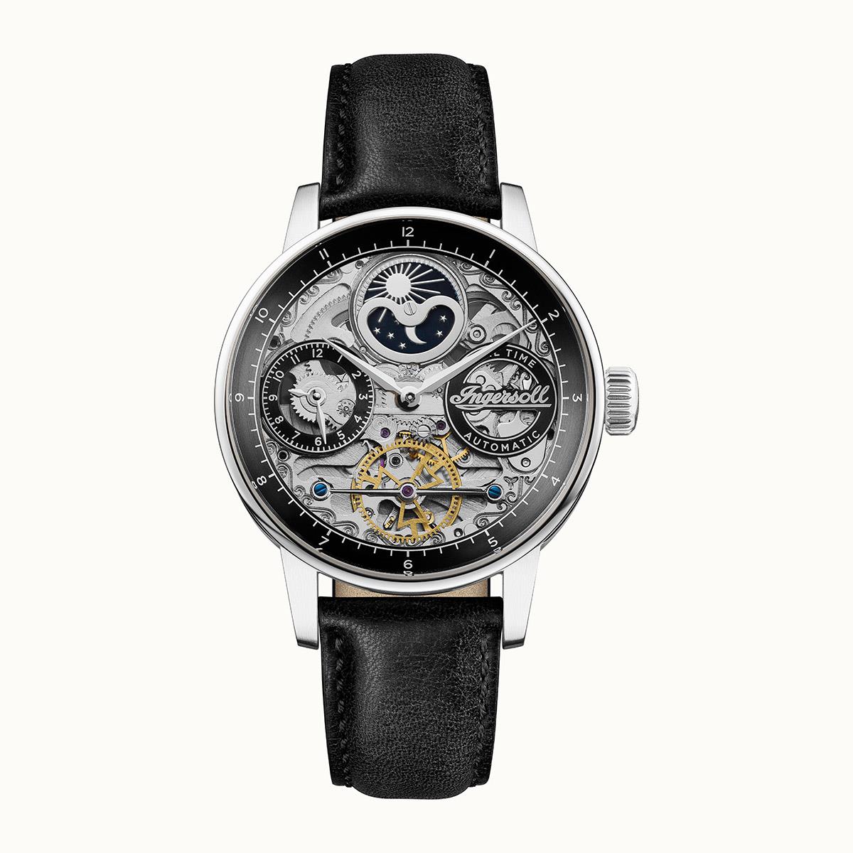 Men's automatic skeleton watch front view with black dial, dual moon subdials, leather strap