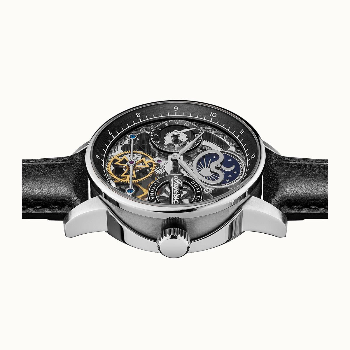 Men's automatic watch side view with black dial and exposed gears on black leather strap