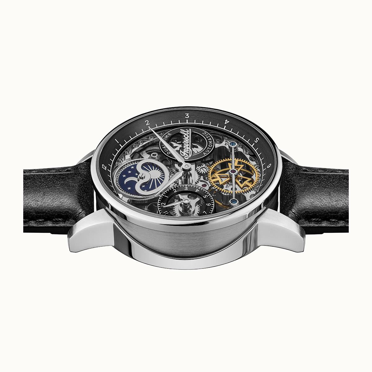 Men's automatic watch angled side view with moon subdials and black leather strap