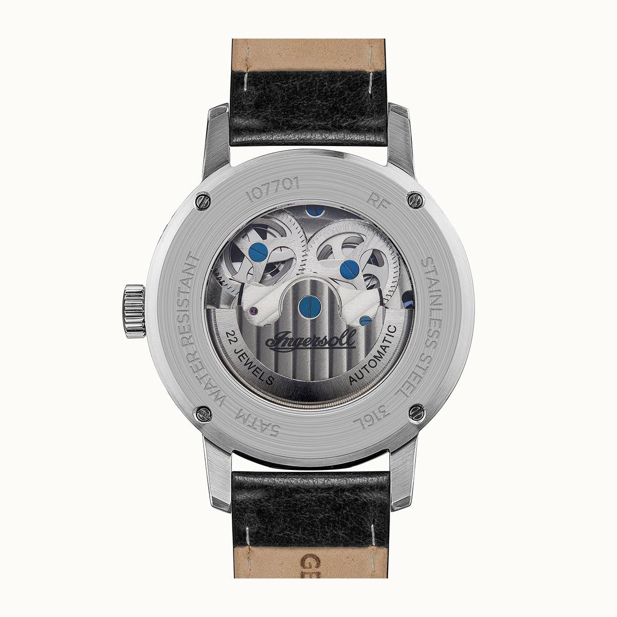 Mens automatic watch, silver case, visible gears on black-and-silver dial, leather strap