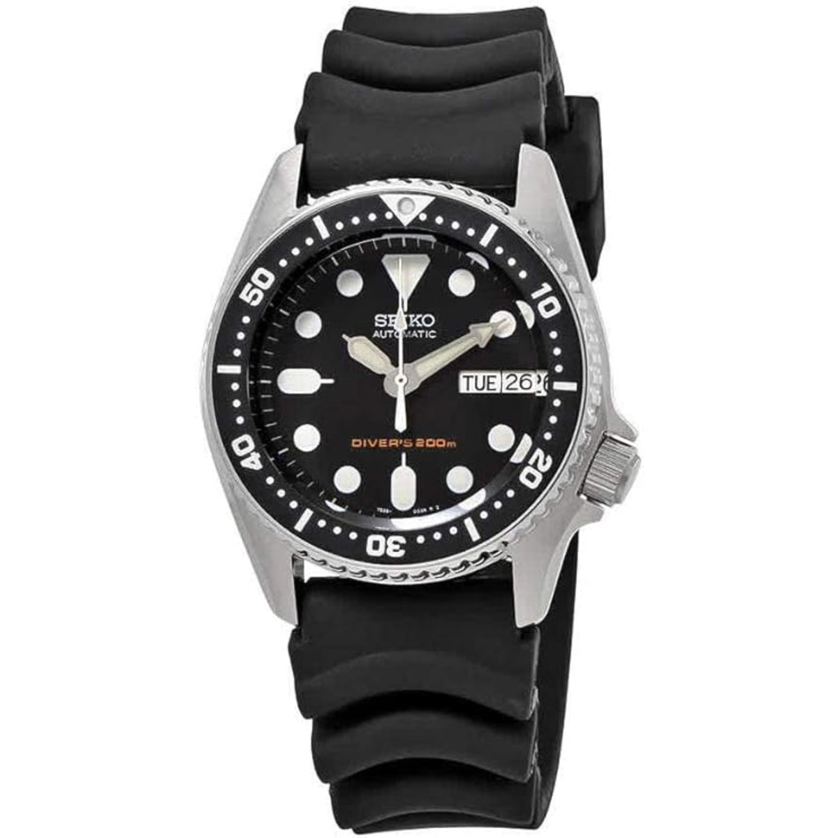 Men's diver's automatic watch with black dial, diver bezel, and black rubber strap