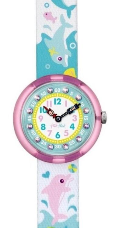 Kids dolphin analog watch, blue strap with dolphins, pink bezel and multicolor dial
